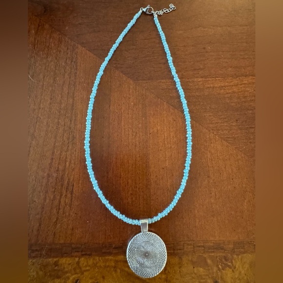 Moon Goddess & Blue Moon Cabochon Silver tone Pendant on Blue Beaded Necklace - Picture 6 of 7